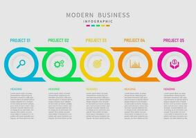 Infographic 5 Project Planning multi colored circles contiguous There is an icon in the middle. upper and lower letters gray gradient background vector