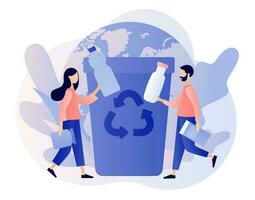 Recycling garbage. Zero waste concept. Tiny people sorting garbage waste in containers for recycling and reuse. Modern flat cartoon style. Vector illustration on white background