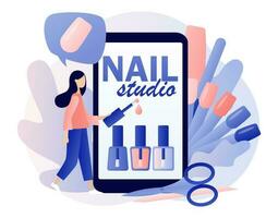 Nail studio - text on smartphone screen. Manicurist service. Beauty salon concept. Manicure master online registration in app. Different tools for manicure. Modern flat cartoon style. Vector