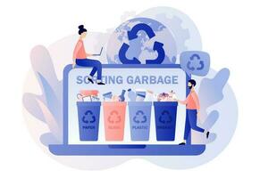 Recycling garbage online service. Zero waste concept. Tiny people sorting garbage waste in containers for recycling and reuse. Paper, glass, plastic, organic. Modern flat cartoon style. Vector