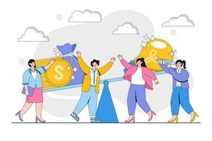 Overweight, value, purchase concept. Groups of people put money into an idea on a swing and outweighs it. Outline design style minimal vector illustration for landing page, web banner, infographics