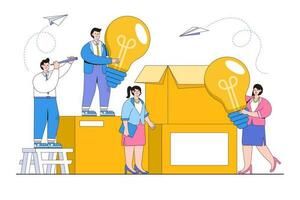 Business teamwork, finding new solutions, brainstorming concept. Packaging ideas in the form of light bulbs. Outline design minimal vector illustration for landing page, infographics, hero images