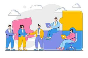 Teamwork, cooperation, partnership concept. Business people connecting puzzle elements. Outline design style minimal vector illustration for landing page, web banner, infographics, hero images