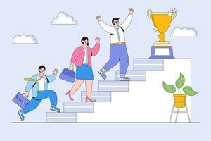 Competition and career development concept. Business people climb the ladder to the goal with golden cup. Outline design style minimal vector illustration for landing page, web banner, hero images