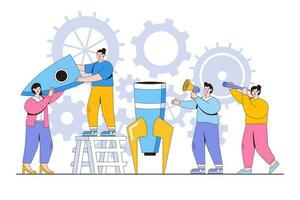 Cohesive teamwork in the startup concept. People building a spaceship rocket. Outline design style minimal vector illustration for landing page, web banner, infographics, hero images