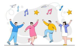 grupo de joven personas bailando y teniendo divertido a el música. contorno diseño estilo mínimo vector ilustración para aterrizaje página, web bandera, infografía, héroe imágenes