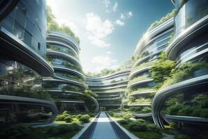 Sustainable green city with futuristic office building and architecture sublime image. photo