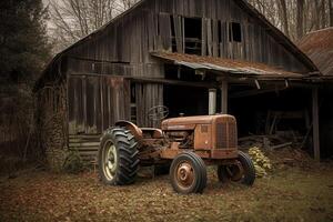 antiguo granero y tractor. ai generado foto