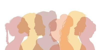 Portrait silhouette women stand together. Vector illustration.