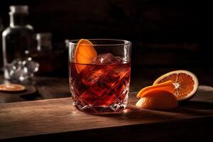 A handcrafted negroni drink complete with ice and an orange slice sitting on a wooden table in a vertical closeup. photo