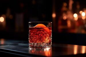 negroni cóctel con el hermosa reflexión de el bar luces en un reflejado superficie. ai generado foto