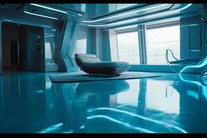 Futuristic room with water on the floor. photo