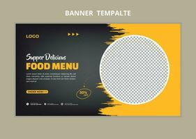 Restaurant food menu social media marketing web banner. Pizza, burger or hamburger online sale promotion video thumbnail. Fast food website background. Food flyer with logo and business icon vector
