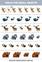 Education game for children circle the smallest object in each row of cute cartoon deer beetle moose rhino yak printable animal worksheet vector