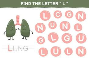 Education game for children find the letter C with cute cartoon lung printable anatomy worksheet vector