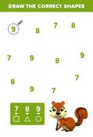 Education game for children help cute cartoon squirrel draw the correct shapes according to the number printable animal worksheet vector