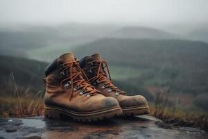 Com table hiking boots stand on a rock against the backdrop of a rainy day in the mountain. photo