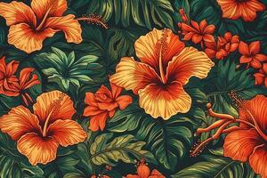 Hawaiian style pattern with hibiscus flowers and lush vegetation ideal exotic backgrounds. photo