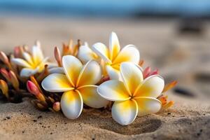 frangipani flores en el arena con. ai generado foto