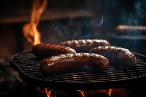 Fried sausages on the grill. photo