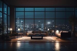 vivo habitación noche ciudad ver fuera de vaso ventanas moderno diseño Departamento interior con mueble. ai generado foto