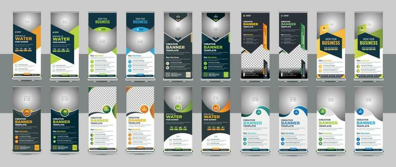 Roll up banner design template bundle, Business banner layout. vertical, abstract background, pull up design, modern x-banner, rectangle size, presentation, poster, advertisement, print media