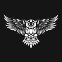 Owl with wings. Tattoo design on black background vector