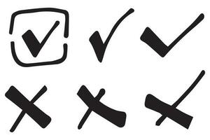 Check mark and cross. Hand drawn vector, isolated. Brush strokes vector