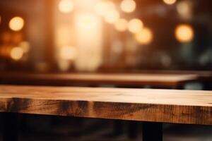 Abstract blurred cafe background empty wooden table top with bokeh and blank space product on restaurant desk. photo