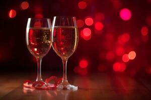 champán brindis para el Santo san valentin romántico cena o Boda dos lentes brillante rojo bokeh antecedentes. ai generado foto