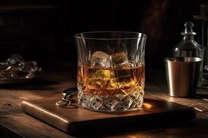 vaso de whisky con hielo todavía vida brandy Borbón en un marrón de madera mesa rústico estilo alcohol bebida Ron escocés es generado con el utilizar de un ai. ai generado foto