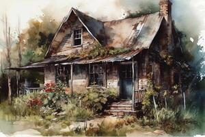 Old barn cottage in watercolor. photo