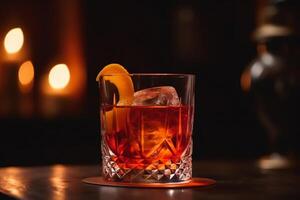 Close up of a negroni cocktail at vintage bar bokeh light. photo