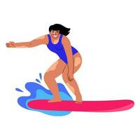 Female character surfing. Surfer standing on surfboard in wave. Flat vector illustration on white background.