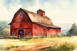 Traditional vintage red farm barn original simple watercolor backdrop illustration of agricultural building in the meadow. photo