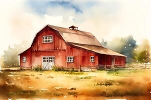 Traditional vintage red farm barn original simple watercolor backdrop illustration of agricultural building in the meadow. photo