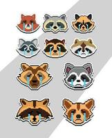 pixel art raccoon faces emoji sticker pixel sticker design vector