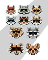 pixel art raccoon faces emoji sticker pixel sticker design vector