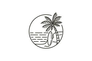 Summer line logo vector illustration design, beach logo design with coconut trees and surfboard