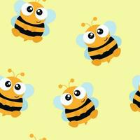 sin costura linda dibujos animados modelo con sencillo abejas con alas y antenas en un amarillo antecedentes. sin costura antecedentes con linda redondo abejas para bebé tarjeta o bandera vector