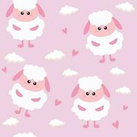 Seamless cute cartoon pattern with simple sheep, white clouds, pink hearts on a pink background. Seamless background with cute fluffy lambs for baby card or banner vector