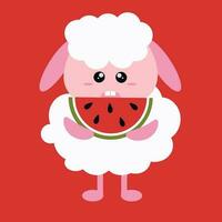 Cute simple cartoon white fluffy sheep with a piece of watermelon in its paws on a red background for children. Cute simple postcard with little sheep vector