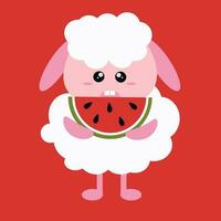 Cute simple cartoon white fluffy sheep with a piece of watermelon in its paws on a red background for children. Cute simple postcard with little sheep vector