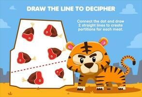 Education game for children help tiger draw the lines to separate beef printable animal worksheet vector