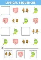 Education game for children logical sequences for kids with cute cartoon kidney intestine stomach printable anatomy worksheet vector