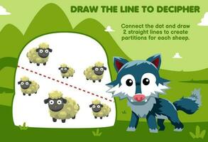 Education game for children help wolf draw the lines to separate sheep printable animal worksheet vector