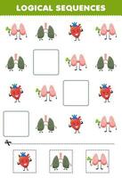 Education game for children logical sequences for kids with cute cartoon heart lung thyroid printable anatomy worksheet vector