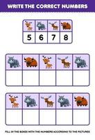 educación juego para niños escribir el Derecha números en el caja según a el linda dibujos animados ciervo rinoceronte alce yak en el mesa imprimible animal hoja de cálculo vector