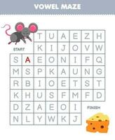 Education game for children vowel maze help cute cartoon mouse move to cheese printable animal worksheet vector