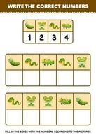 Education game for children write the right numbers in the box according to the cute cartoon caterpillar frog snake iguana on the table printable animal worksheet vector